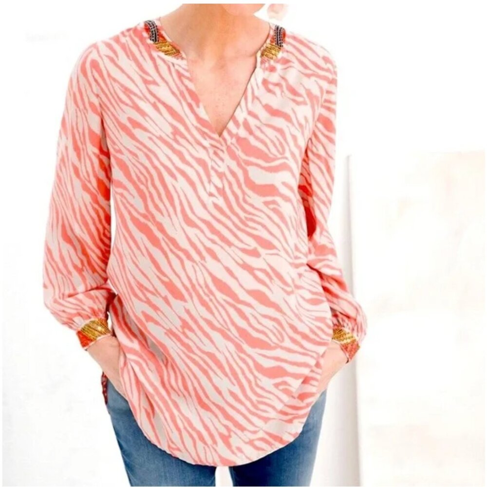 Chico's Embellished Neck Tunic Women's SZ 2P 12/14 Large Zebra Nectarine Blouse